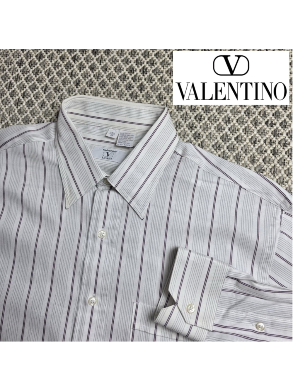 Valentino Uomo Mens Dress Shirt 15.5 33 White Striped 100% Cotton Long Sleeve